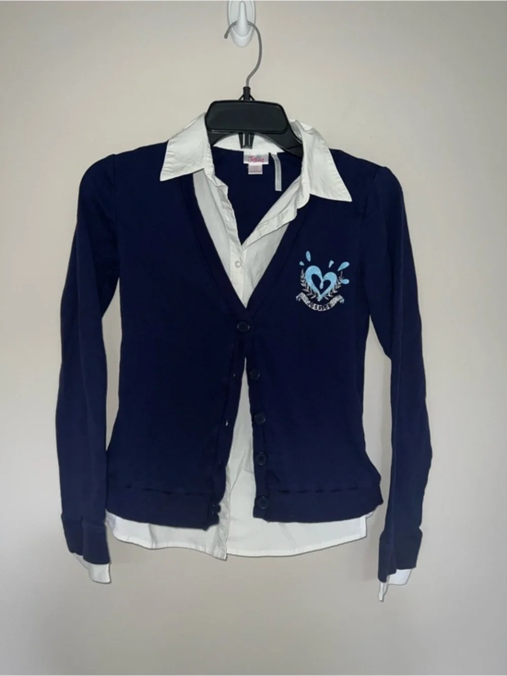Navy Cardigan with Heart Crest and White Shirt Collar kids girls Justice 14